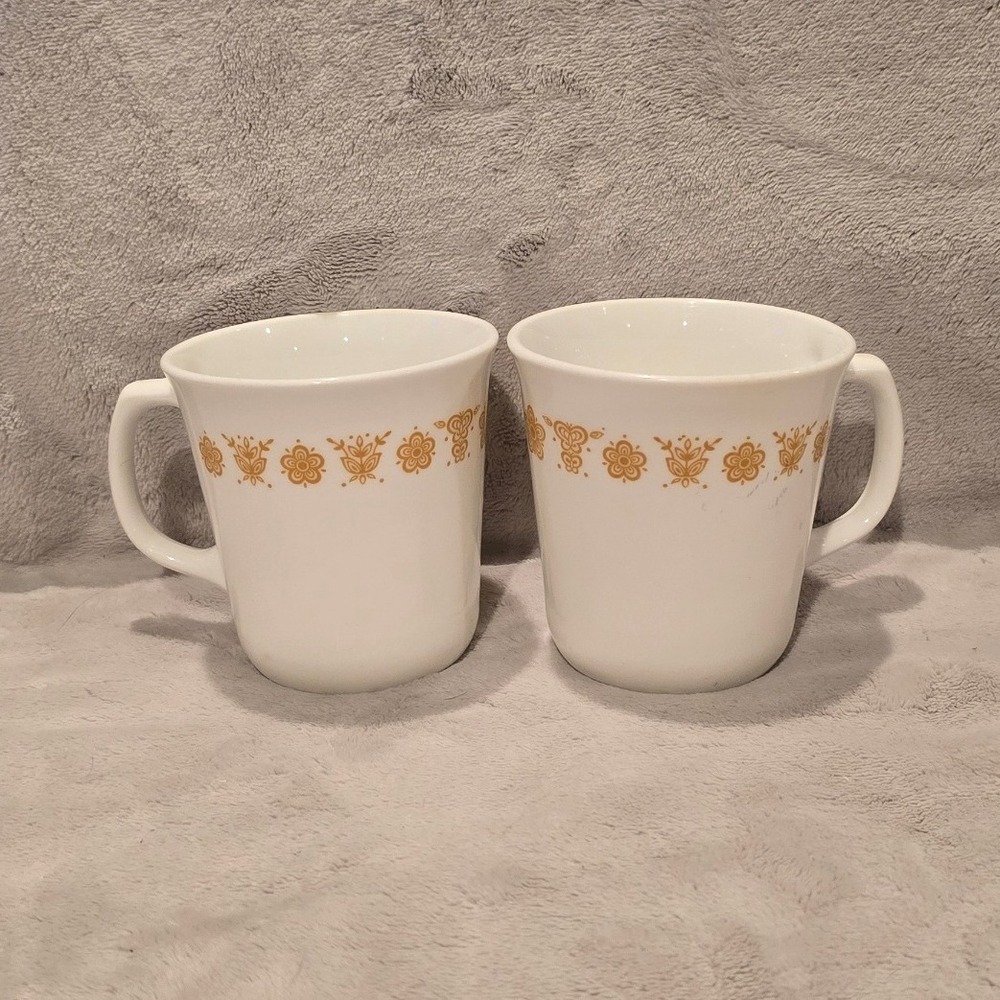 Vintage Corning Butterfly Gold Milk Glass Mugs Set of 2 Made in USA Retro MCM